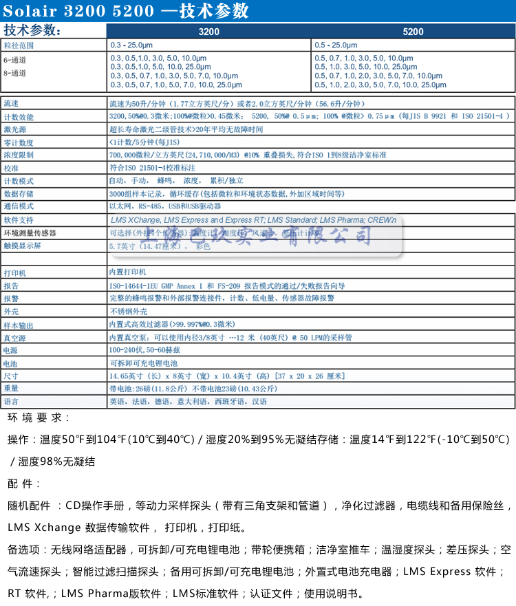 Solair 3200/Solair 5200便攜式粒子計(jì)數(shù)器技術(shù)參數(shù)